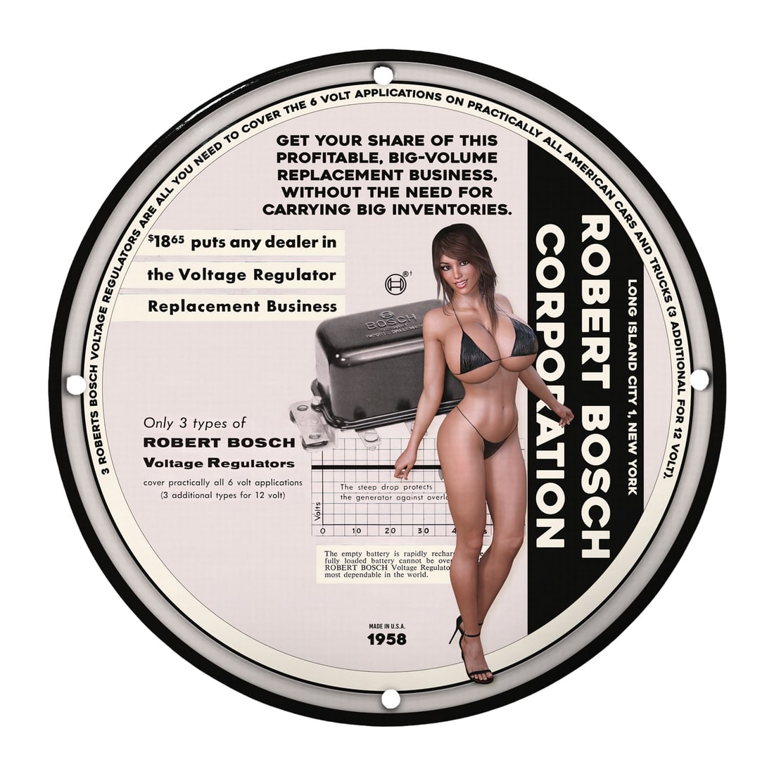 Vintage 1958 Robert Bosch Pinup Girl Porcelain Sign ? Perfect for Collectors & Enthusiasts: Discover the alluring charm of the Vintage 1958 Robert Bosch Pinup Girl Porcelain Sign, a captivating piece that beautifully blends nostalgic advertising and art. Measuring a striking 12 inches in dia