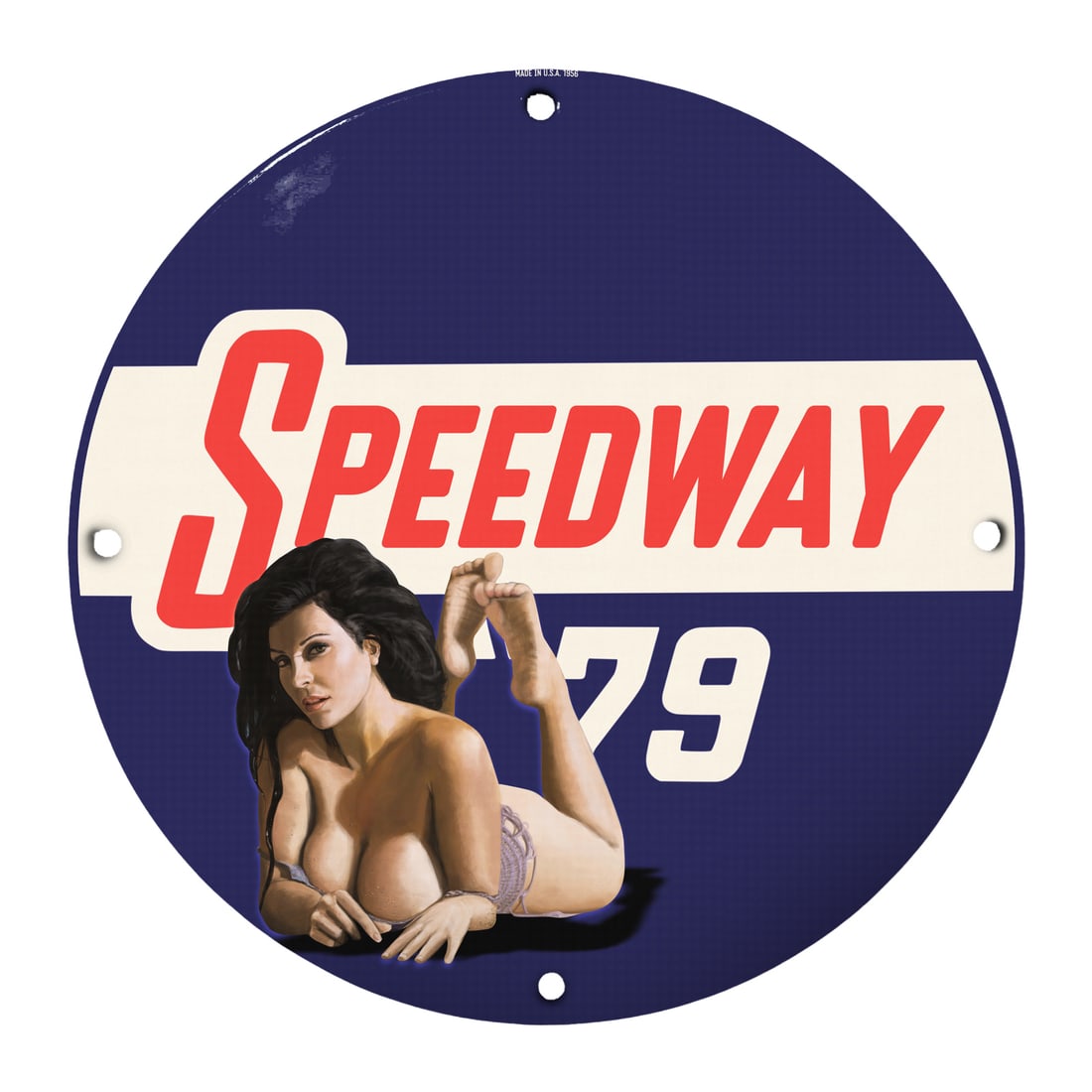 Vintage 12" Round Porcelain Pinup Girl Sign - Speedway 79 Nostalgic Decor: Discover the charm of nostalgia with this stunning 12-inch round porcelain sign, featuring a classic pinup girl design that captures the essence of vintage artwork. Ideal for collectors, car enthusias