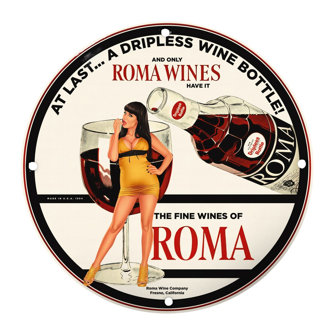 Vintage Pinup Girl Roma Wines Porcelain Sign - Dripless Wine Bottle: Elevate your collection with this stunning 12" round porcelain sign featuring a classic pinup girl for Roma Wines. Produced in the USA in 1954, this sign isn?t just a retro piece; it's a full-blown co