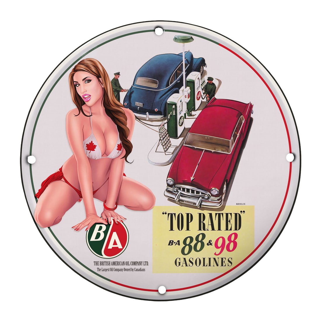 Vintage 12" Round Porcelain Pinup Girl Sign - Classic Gasoline Advertising Art: Dive into a nostalgic journey with our stunning 12-inch round porcelain pinup girl model sign, a fabulous piece of vintage decor that's perfect for collectors and enthusiasts alike! This vibrant sign 