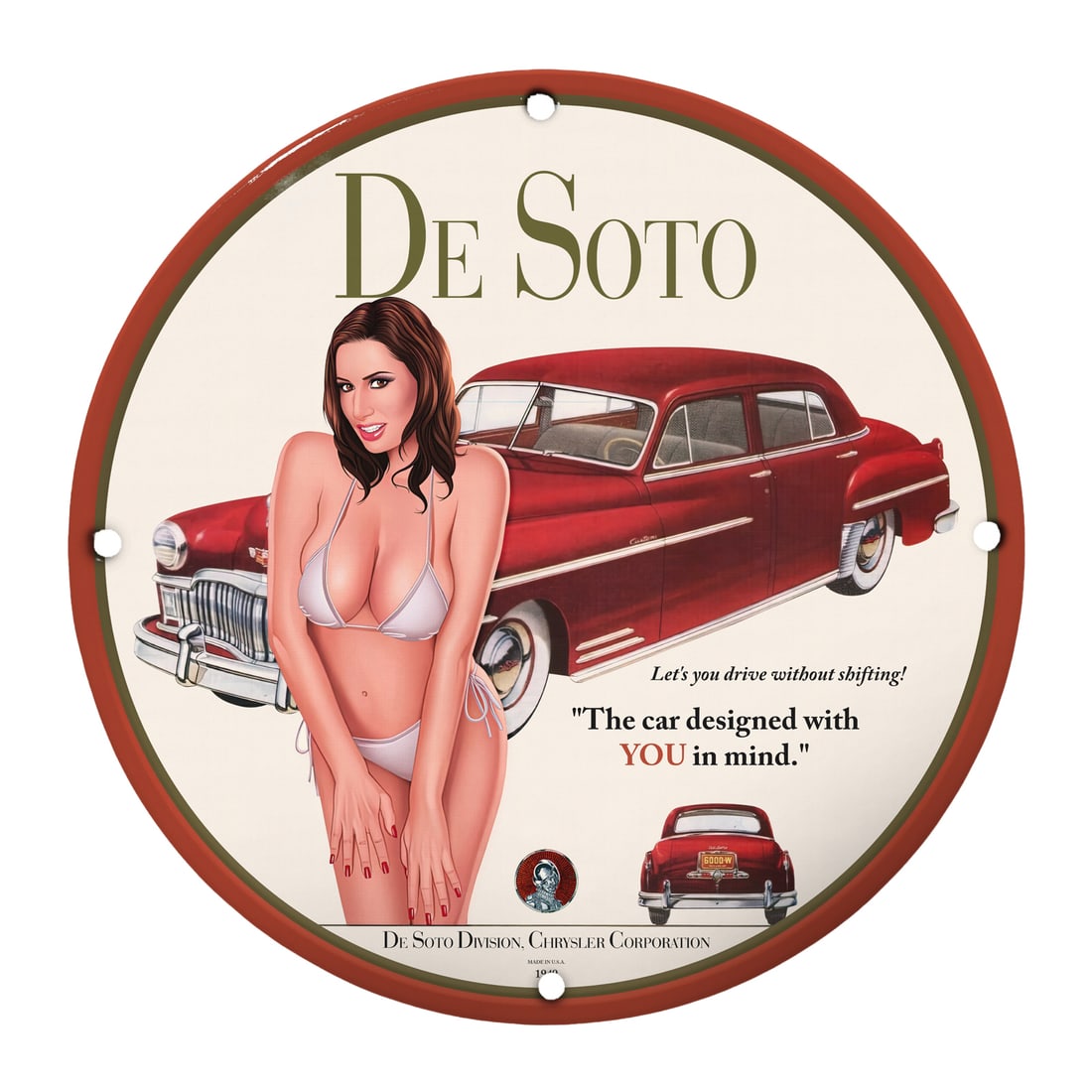 Vintage De Soto Pinup Girl Model Sign - Retro Classic Car Decor: Elevate your automotive collection with our stunning 12-inch round porcelain De Soto pinup girl model sign, celebrating the nostalgia of classic cars and retro aesthetics. This vibrant piece features 