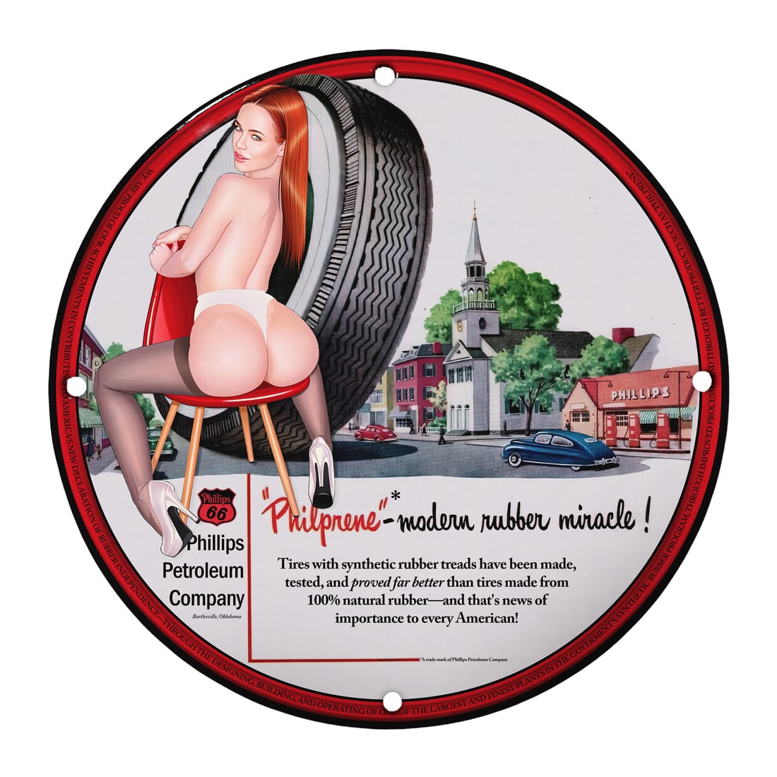Vintage Pin-Up Girl Porcelain Sign: Phillips Petroleum's Playful Promotion: Step into a nostalgic world with this stunning 12-inch round porcelain pin-up girl sign, featuring a delightful design that captures the essence of mid-century Americana. This unique collectible not o