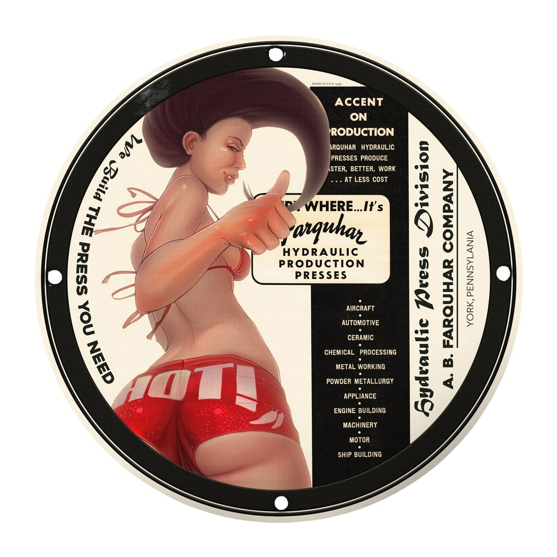 Vintage Pinup Girl Hydraulic Press Sign - 12" Round Porcelain Decor: Elevate your space with this exquisite 12-inch round porcelain pinup girl model sign, perfectly designed to captivate vintage aesthetics enthusiasts and collectors alike. Featuring a striking illustra