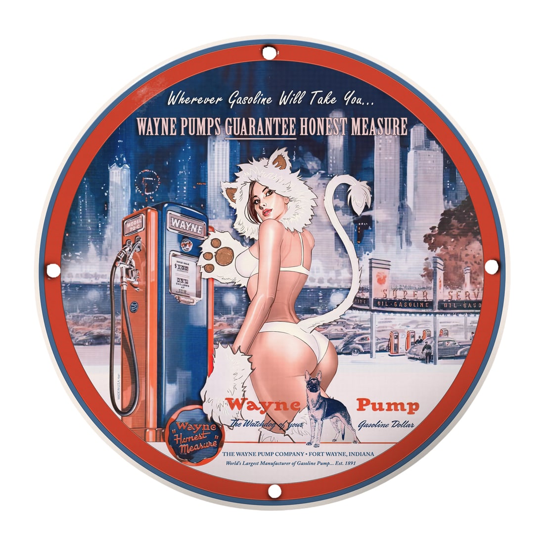Vintage Pinup Girl Porcelain Sign - Wayne Pumps Gasoline Art Decor: Experience a nostalgic journey back to the golden age of gas stations and retro artistry with our stunning 12-inch round porcelain pinup girl model sign featuring Wayne Pumps. This beautifully crafted