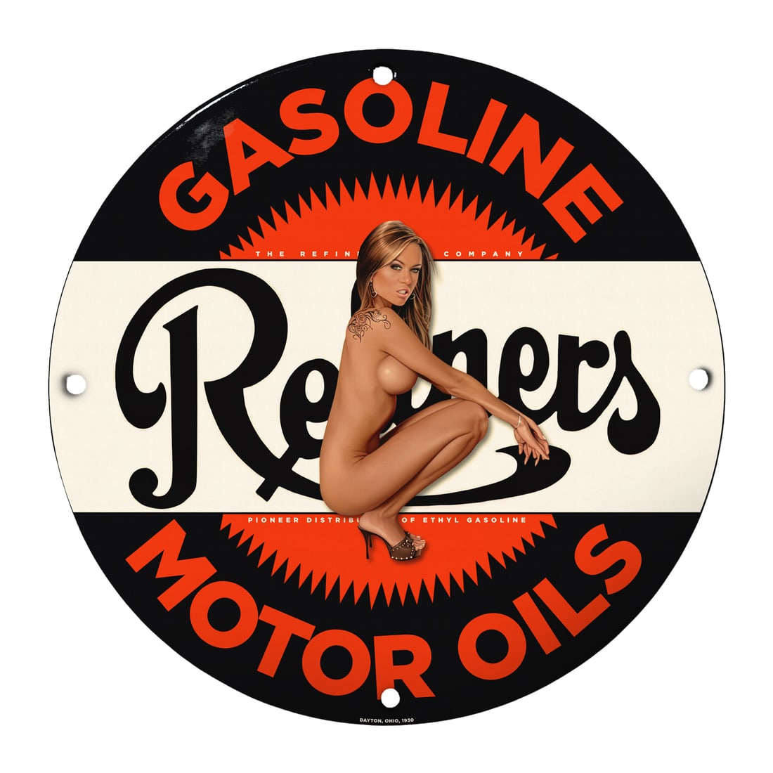 Vintage 12" Round Porcelain Pinup Girl Sign - Gasoline & Motor Oils Decor (1 of 1)