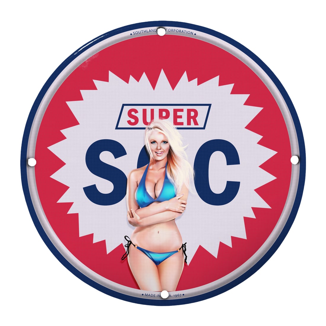 Retro Pin-Up Girl Porcelain Sign ? Vintage Super S.C. Beachwear Decor: This stunning 12-inch round porcelain sign features a vintage pin-up girl showcasing the lively spirit of the summer. With its vibrant colors and striking design, it is sure to catch the eye and bring