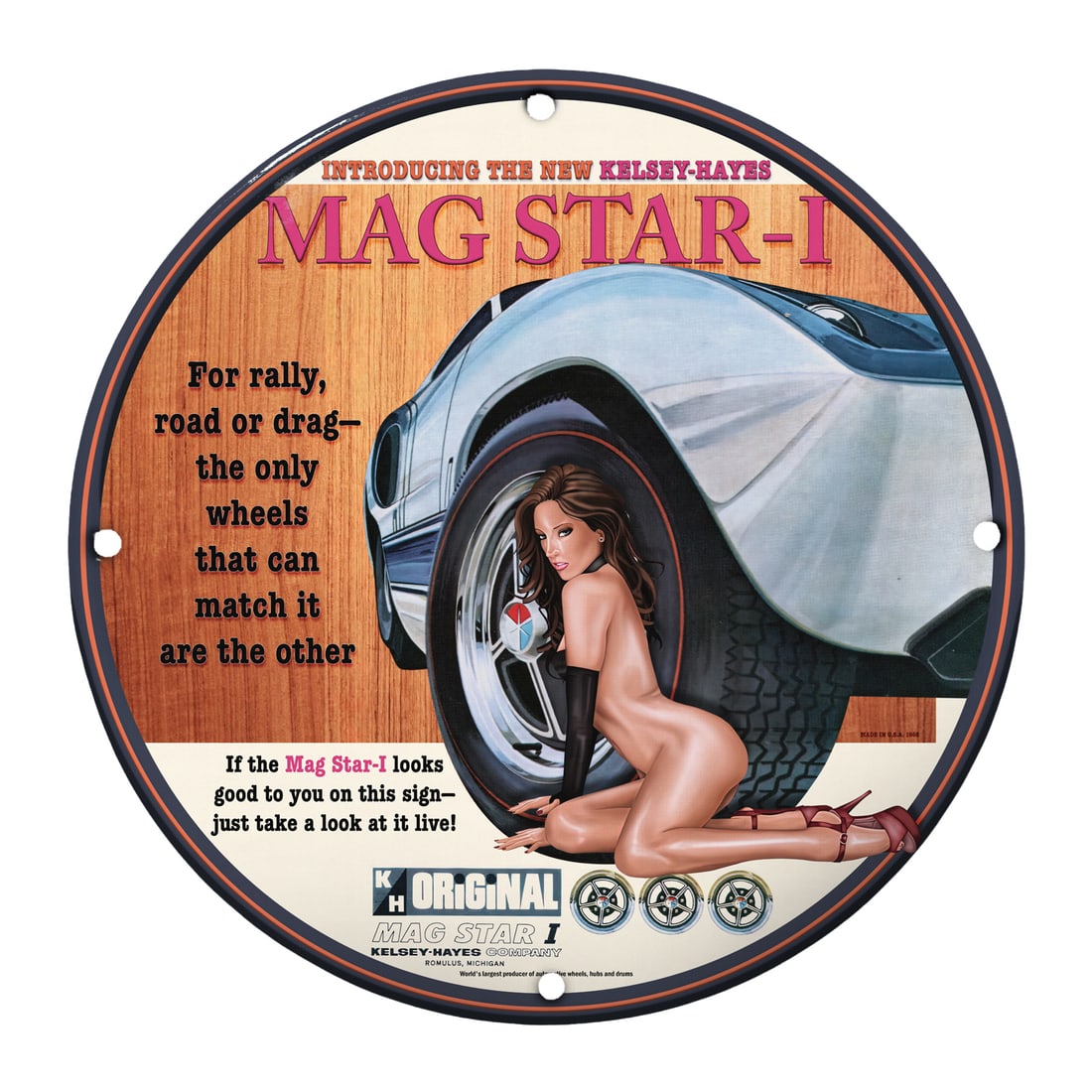 Sizzling Pinup Girl Porcelain Sign - MAG STAR-I for Car Enthusiasts: Introducing the stunning 'MAG STAR-I' 12-inch round porcelain sign?a perfect addition for car aficionados and collectors alike! This exquisite piece features a captivating pinup girl artfully position