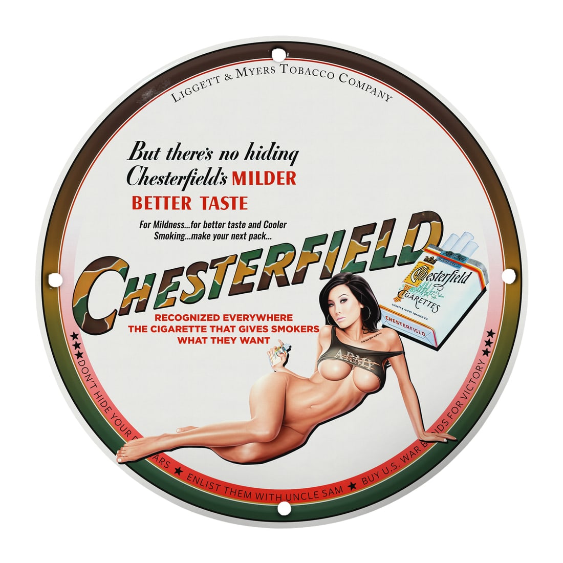 Chesterfield Pinup Girl Sign - Vintage Porcelain 12" Round Tobacco Advertising: This stunning Chesterfield pinup girl porcelain sign is a must-have for collectors and vintage enthusiasts alike. Measuring 12 inches in diameter, this round sign features a captivating vintage artwor