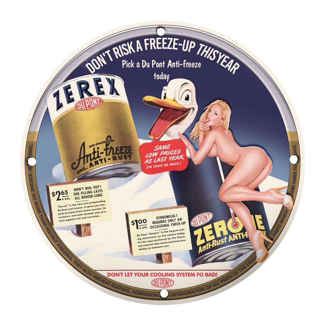 Vintage Dupont Zerex Anti-Freeze Pinup Sign: Iconic 12" Round Porcelain Art: Discover a piece of nostalgic Americana with this stunning 12-inch round porcelain sign featuring a pinup girl promoting Dupont Zerex Anti-Freeze. A blend of vintage aesthetics and practicality, this 