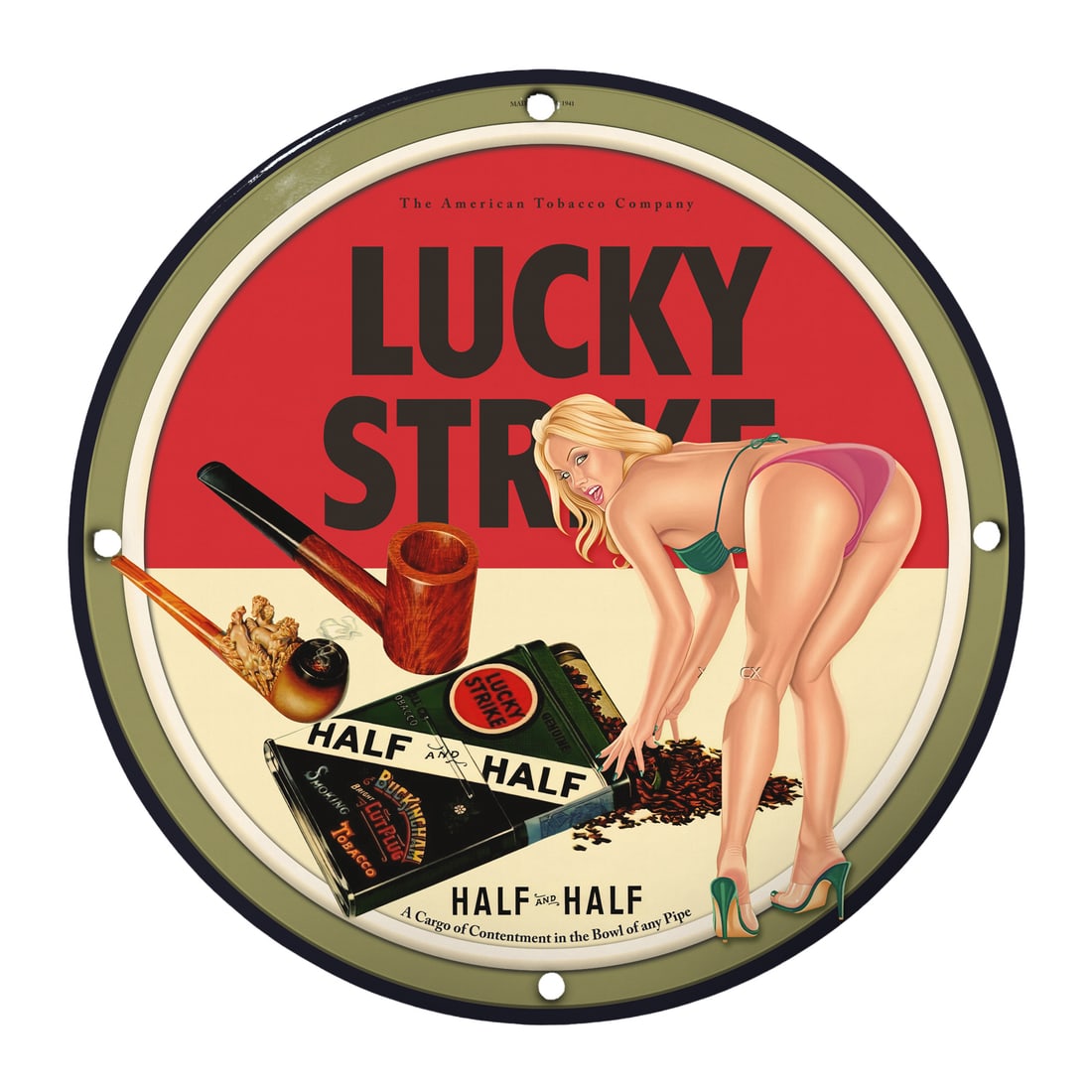 Retro Lucky Strike Pin-Up Girl Porcelain Sign - Vintage Tobacco Advertising Decor: Discover the timeless allure of vintage advertising with this stunning 12-inch round porcelain sign featuring a captivating pin-up girl design for Lucky Strike. A perfect blend of classic charm and no