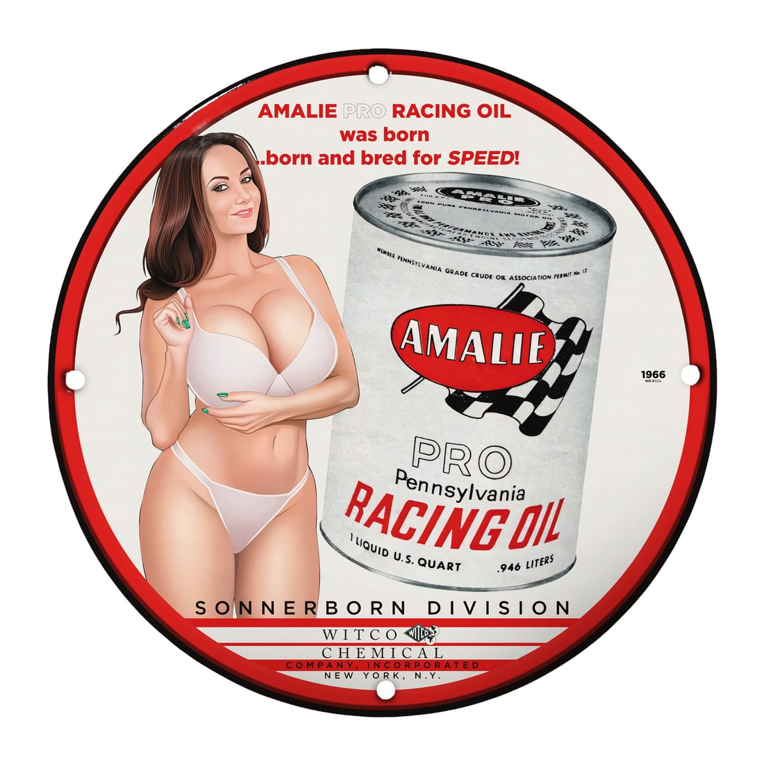Vintage 12" Amalie Pro Racing Oil Porcelain Pinup Girl Sign - Classic Automotive Decor: This stunning 12-inch round porcelain sign features a captivating pinup girl design, cleverly promoting Amalie Pro Racing Oil. Celebrating the exhilarating world of automotive racing, this vintage-sty