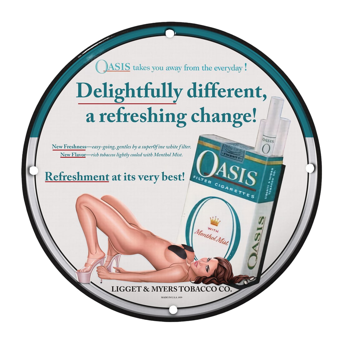 Vintage Oasis Pinup Girl Model Sign - 12" Round Porcelain Art: This striking 12-inch round porcelain sign featuring a captivating pinup girl is a perfect blend of nostalgia and charm. Designed for collectors and enthusiasts alike, this piece is an exceptional add
