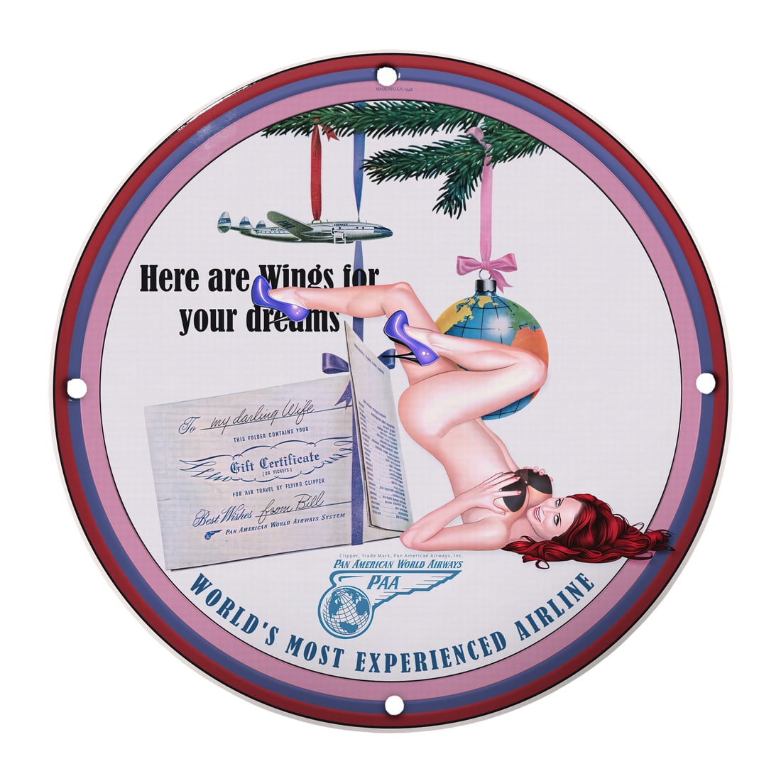 Vintage Pin-Up Girl Porcelain Sign - Wings for Your Dreams: Step into a nostalgic world with our stunning 12-inch round porcelain pin-up girl sign, perfectly capturing the desire for adventure and exotic travels. This captivating piece features a playful pin-u