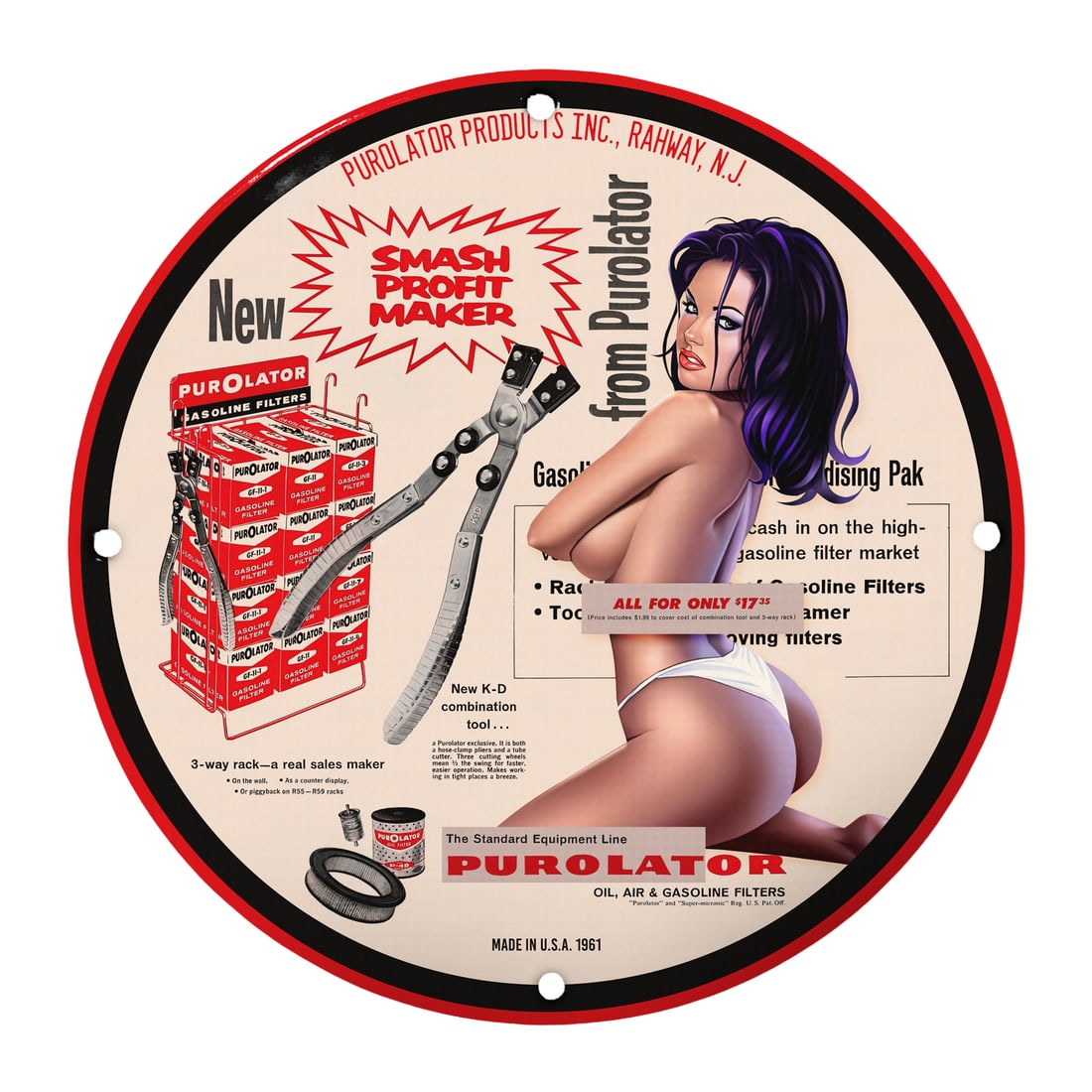 Vintage 1961 Purolator Pin-Up Girl Porcelain Model Advertising Sign - Rare Collectible: Discover a piece of automotive and advertising history with this stunning 12-inch round porcelain pin-up girl model sign from Purolator, dating back to 1961. This remarkable sign features an alluring 