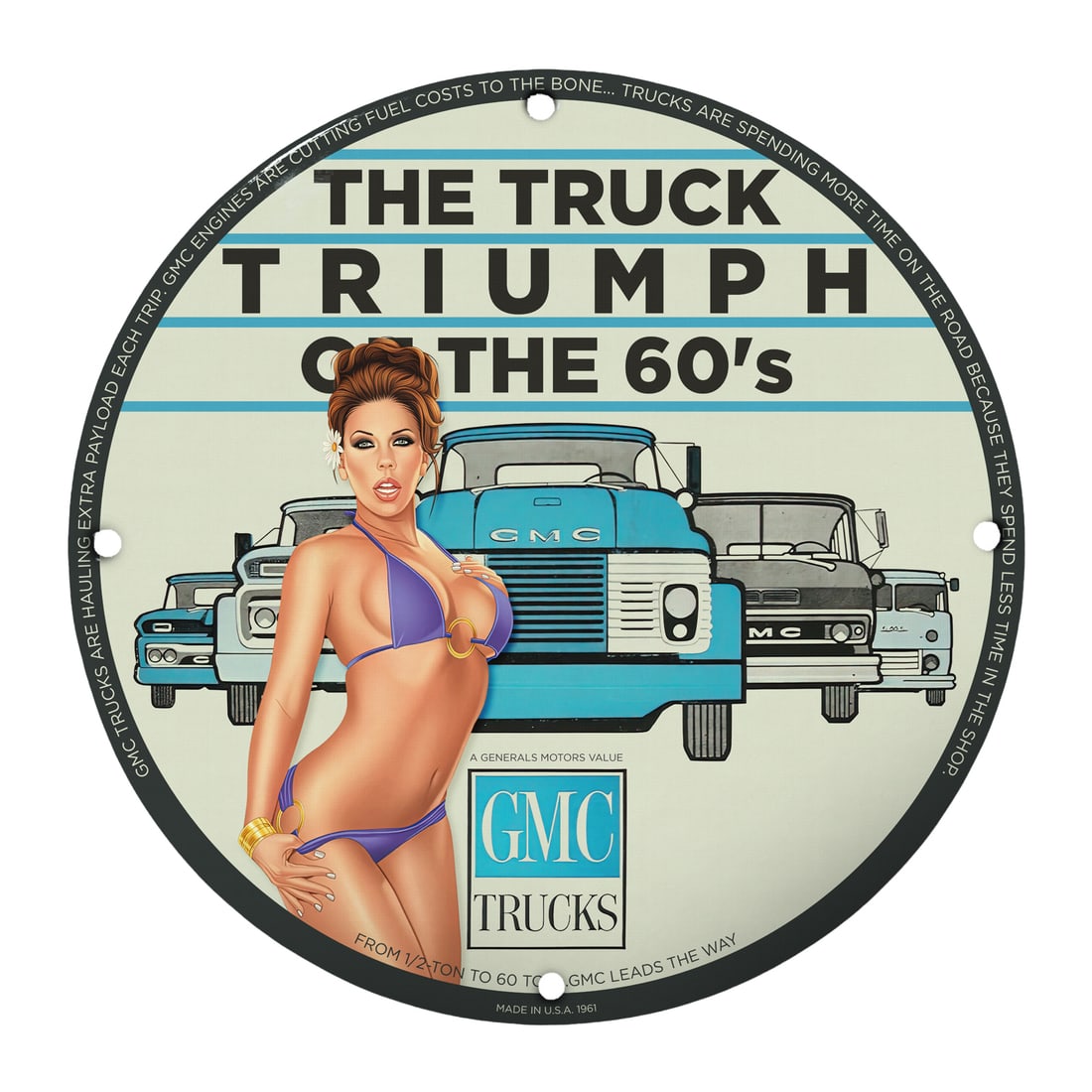 1950s Pin-Up Glamour: GMC Trucks Iconic Porcelain Sign: Introducing the stunning 12-inch round porcelain model sign, capturing the essence of 1950s pin-up culture while celebrating the iconic GMC trucks of the era. Perfect for automotive enthusiasts, colle