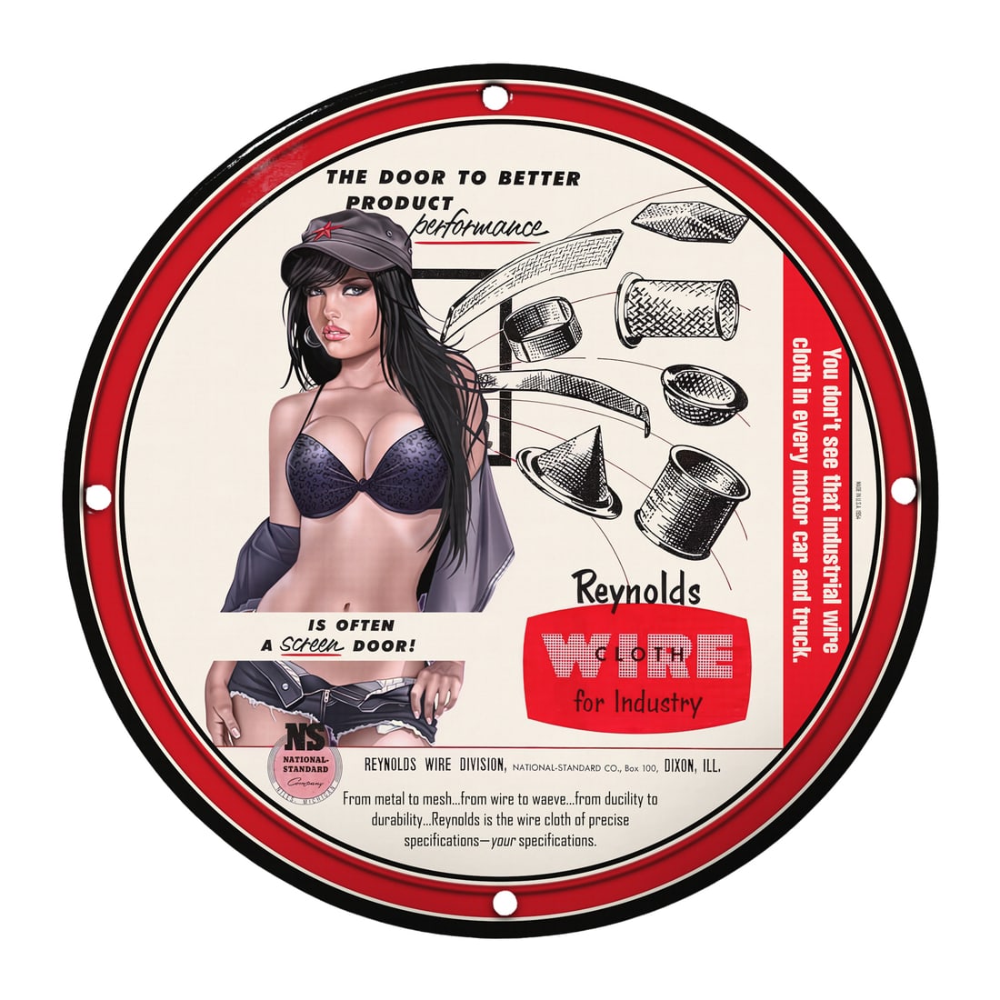 Vintage Porcelain Pin-Up Girl Model Sign - Reynolds Wire for Industry: Discover the charm of the mid-20th century with this stunning 12-inch round porcelain pin-up girl model sign, featuring the iconic imagery and designs that made pin-up art a staple in American culture
