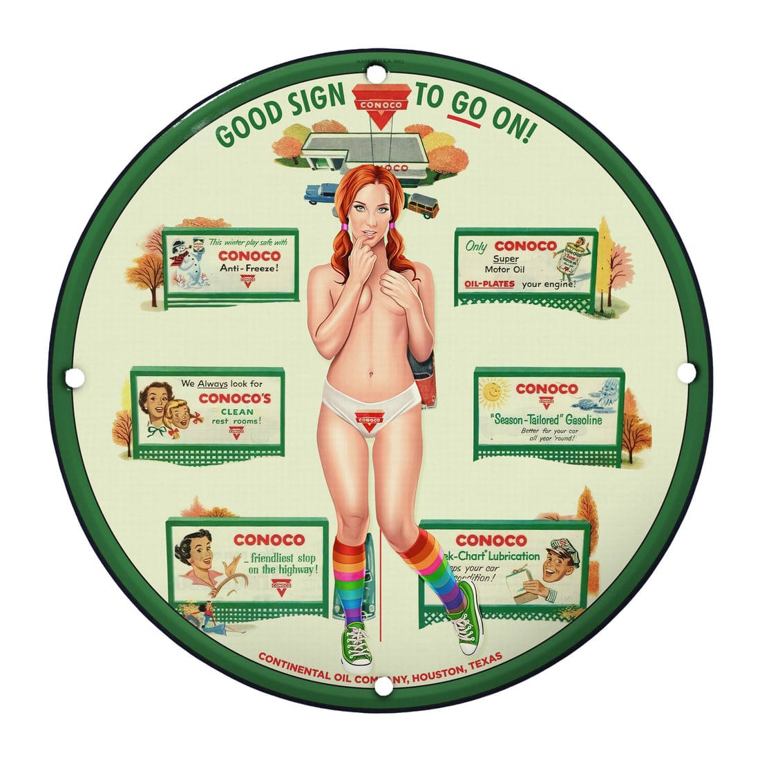 Vintage Conoco Pinup Girl Porcelain Sign - 12" Round Collectible D?cor: Elevate your collection with this stunning 12" round porcelain pinup girl model sign featuring the classic Conoco branding. This exquisite piece blends nostalgia and charm, capturing the allure of mid