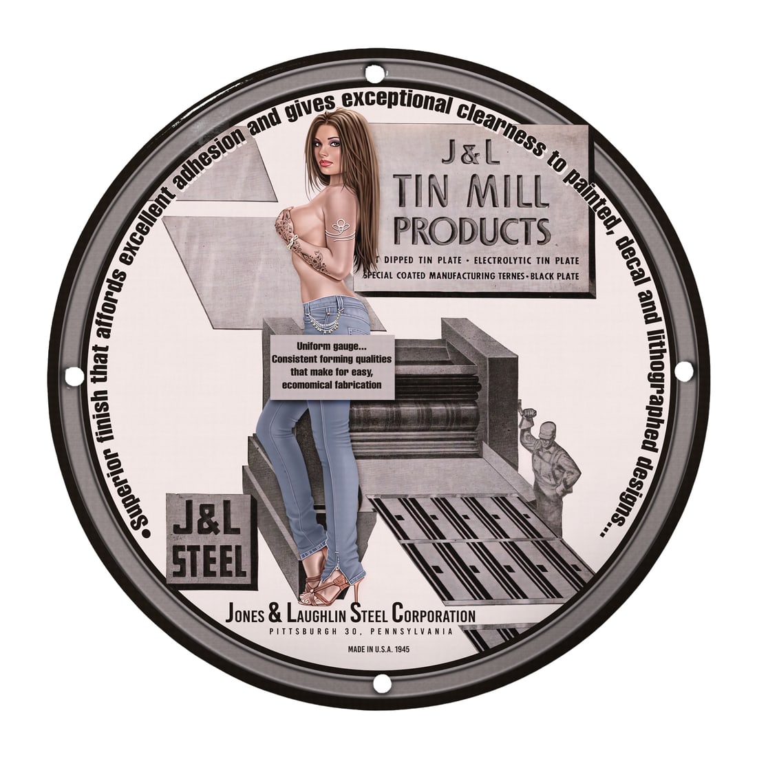 Vintage Porcelain Pinup Girl Sign: J&L Tin Mill Products 12" Round Decor: Welcome to the bidding for this stunning 12-inch round porcelain sign showcasing a delightful pinup girl model. Perfectly blending retro charm and industrial aesthetics, this piece is a nostalgic nod 