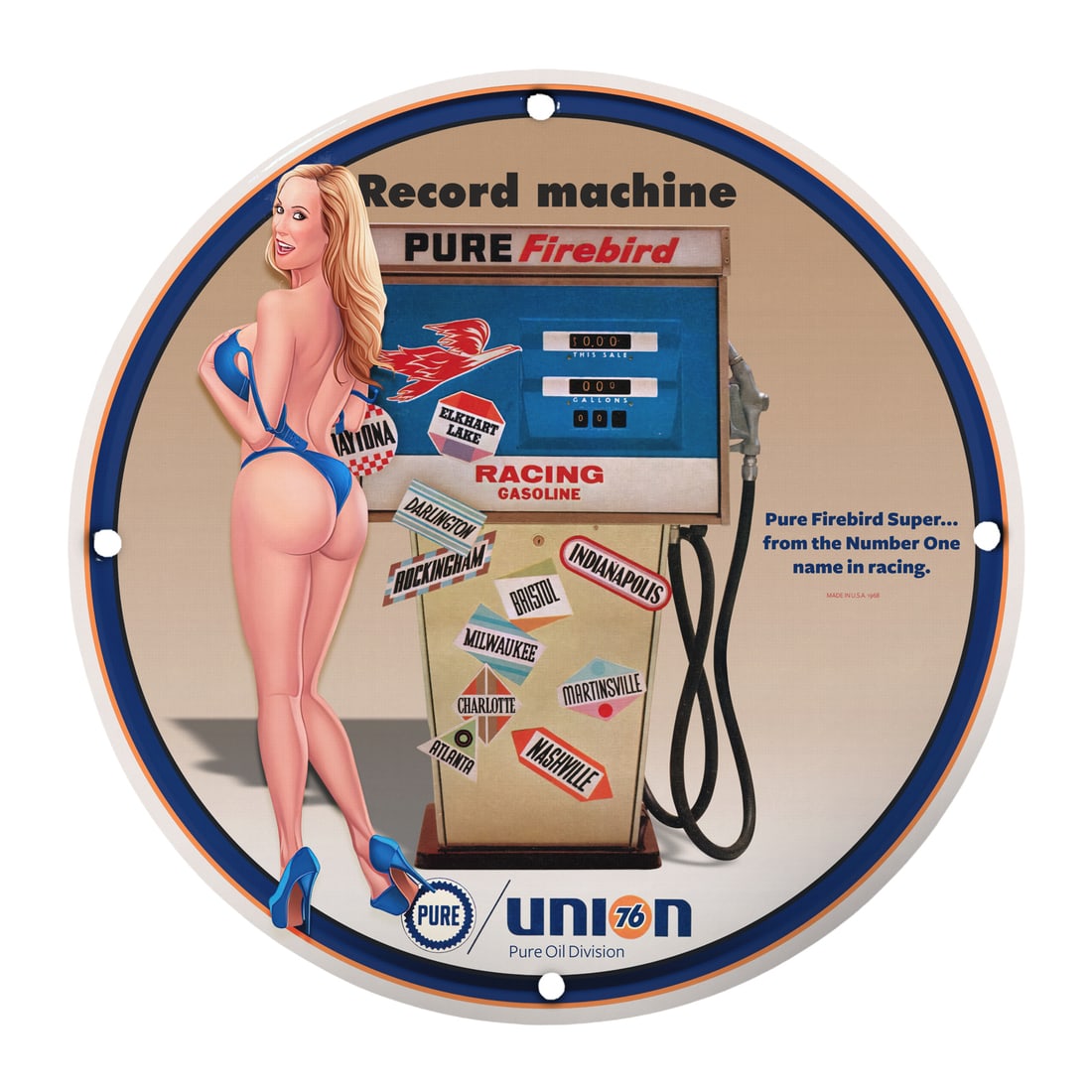 Vintage 12" Porcelain Pinup Girl Gas Station Sign - Record Machine Pure Firebird: Discover this stunning 12-inch round porcelain sign featuring a classic pinup girl design, perfect for car enthusiasts, collectors, or anyone who appreciates vintage Americana. This elegant piece show