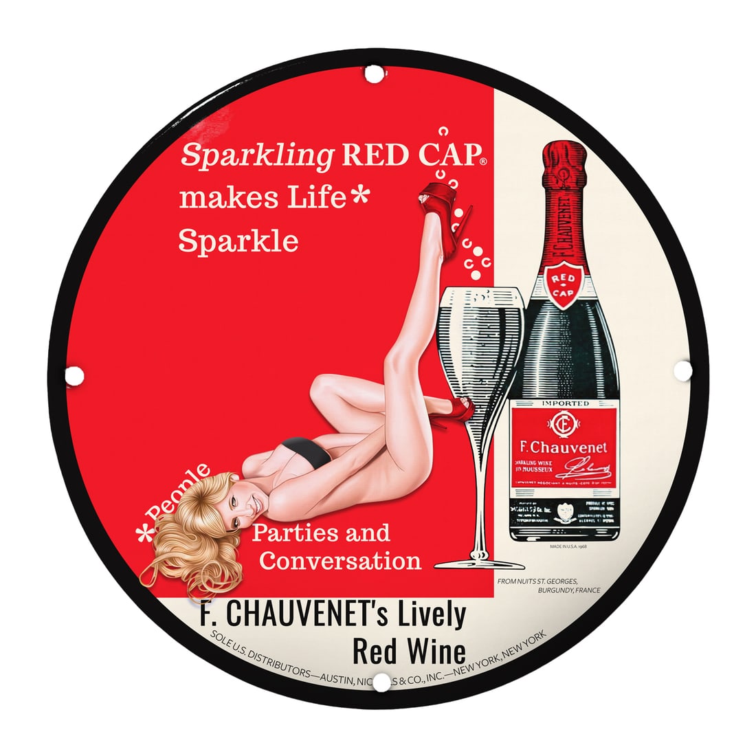 Vintage Sparkling Red Cap Pinup Girl Porcelain Sign - Perfect for Home Bar Decor: Get ready to add a captivating touch to your collection with this stunning 12-inch round porcelain sign featuring a glamorous vintage pinup girl promoting F. Chauvenet's Lively Red Wine. This artwork 