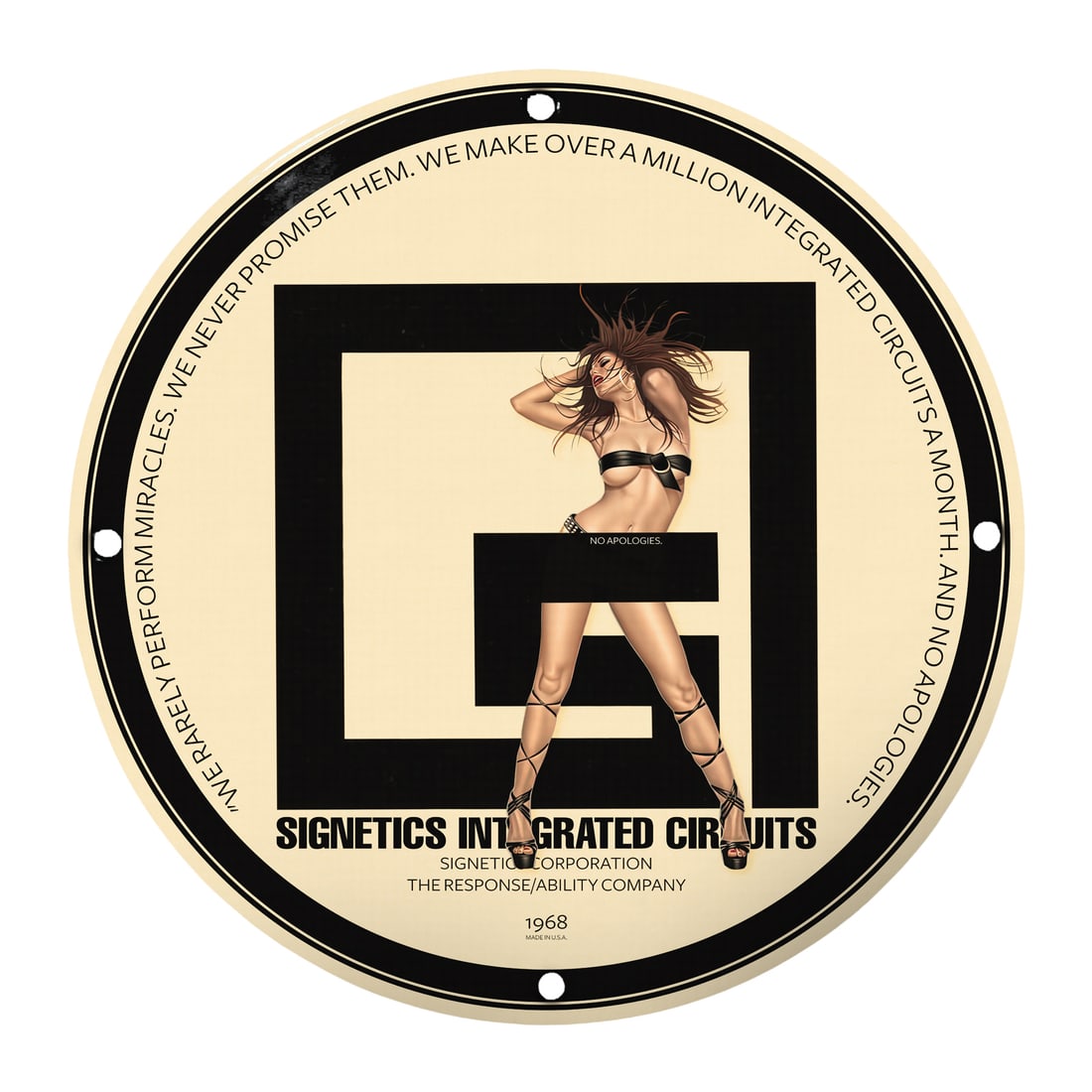 Vintage 1968 Signetics Pinup Girl Porcelain Sign - Retro Integrated Circuits Art: Discover a piece of nostalgic art with this stunning 12-inch round porcelain sign featuring a glamorous pinup girl from 1968. This unique collectible is perfect for vintage enthusiasts, art lovers, an