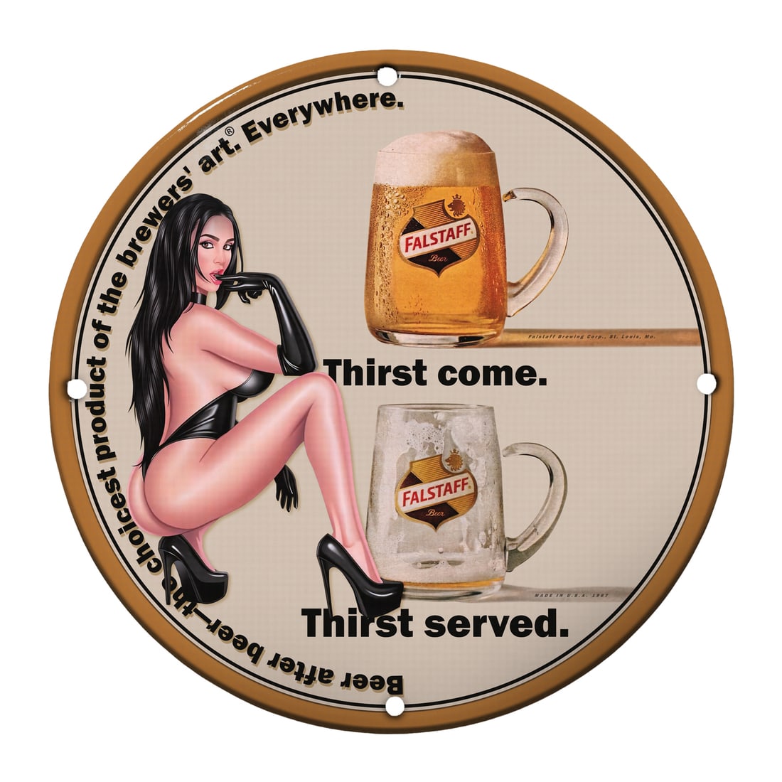 Vintage Falstaff Beer Pinup Girl Sign - 12" Round Porcelain Wall Decor: Indulge in nostalgic charm with this exquisite 12" round porcelain sign featuring a stunning pinup girl design, promoting Falstaff Beer. Perfect for collectors and enthusiasts of vintage bar memorabil