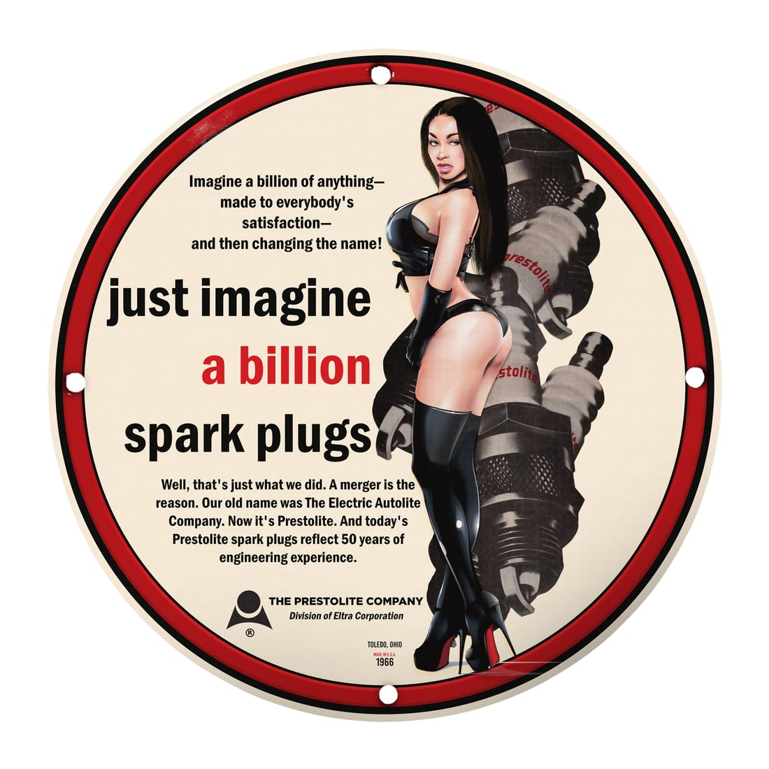 Vintage Pinup Girl Porcelain Sign: Just Imagine a Billion Spark Plugs: Discover a unique blend of vintage art and automotive history with this exquisite 12-inch round porcelain sign featuring a stunning pinup girl and a catchy slogan, "just imagine a billion spark plugs.