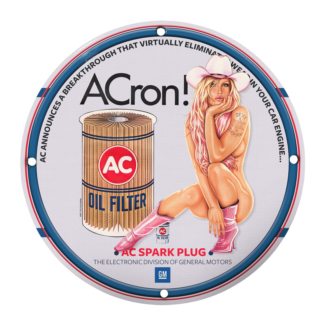 Vintage AC Spark Plug Pinup Girl Porcelain Sign - 12" Round Collector's Item: Dive into the world of vintage automotive art with this stunning 12-inch round porcelain sign featuring a captivating pinup girl model. This piece beautifully combines retro aesthetics with automotive