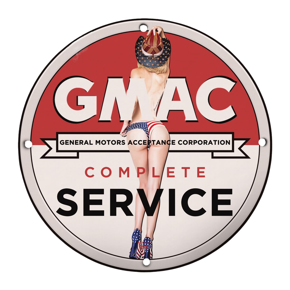 Vintage GMAC Complete Service Pinup Girl Porcelain Sign ? 12" Round D?cor: Introducing a stunning piece of Americana, the Vintage GMAC Complete Service Pinup Girl Porcelain Sign is a must-have for collectors and enthusiasts alike. This beautifully crafted 12-inch round porce