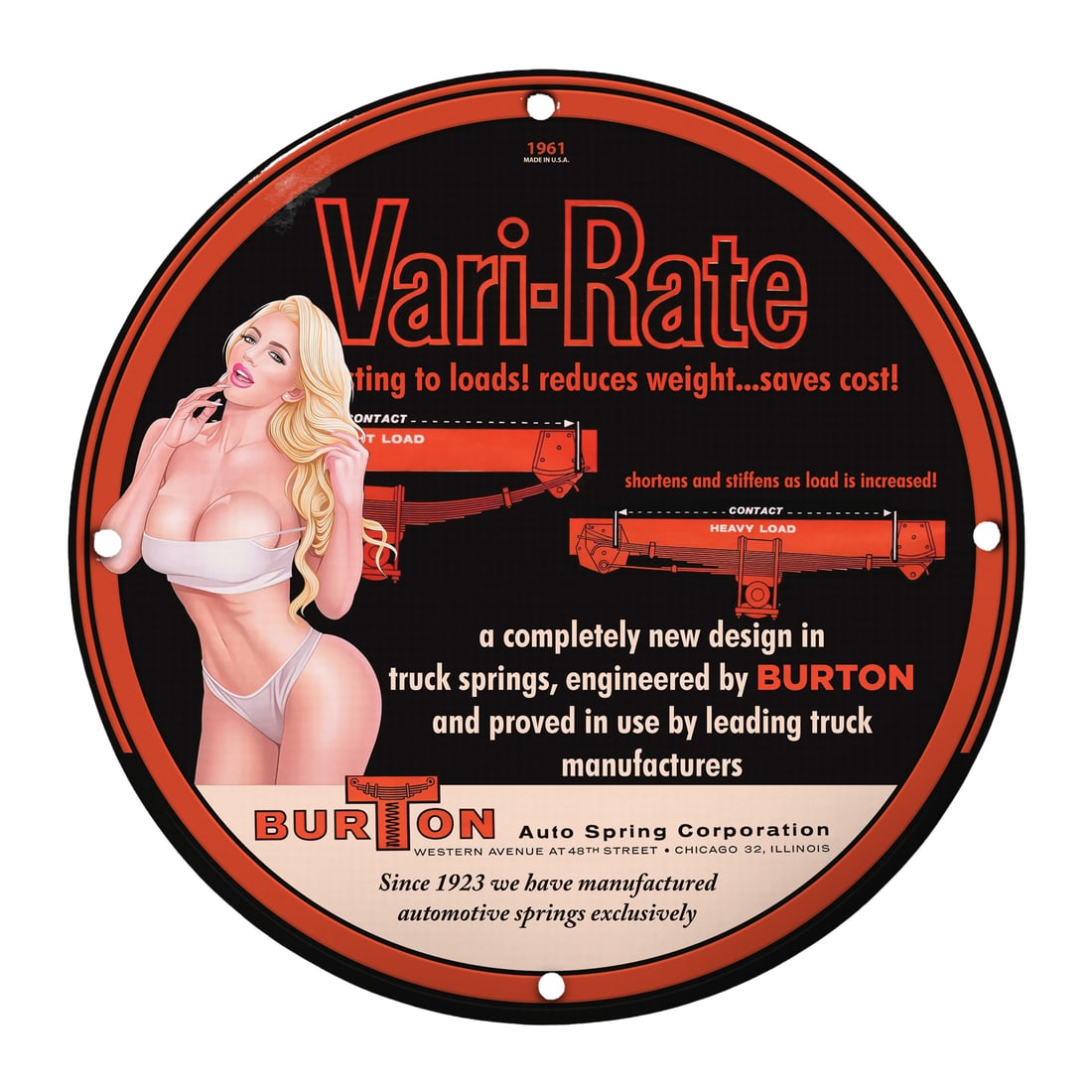 Vintage 1961 Vari-Rate Porcelain Pinup Sign - Iconic Automotive Art: Step into a world of retro charm with this stunning 12-inch round porcelain sign featuring a delightful pinup girl and an innovative advertisement for Vari-Rate truck springs. This meticulously crafte