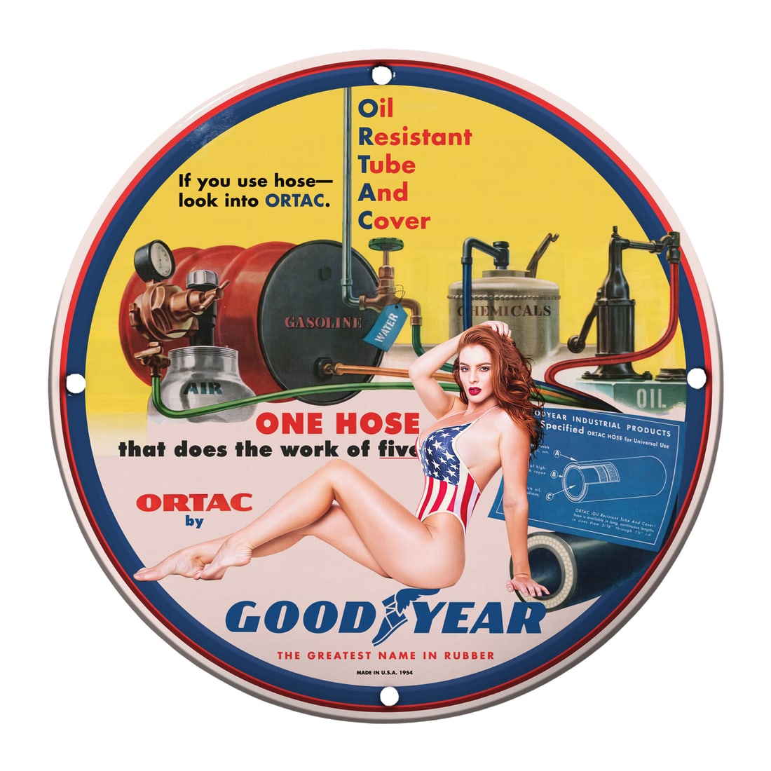 Vintage Pinup Girl Porcelain Sign: Goodyear Ortac Oil Hose Advertisement: Transform your space with this stunning 12-inch round porcelain sign featuring a vintage pinup girl and a classic Goodyear advertisement for Ortac oil-resistant tubes and covers. This nostalgic piece 