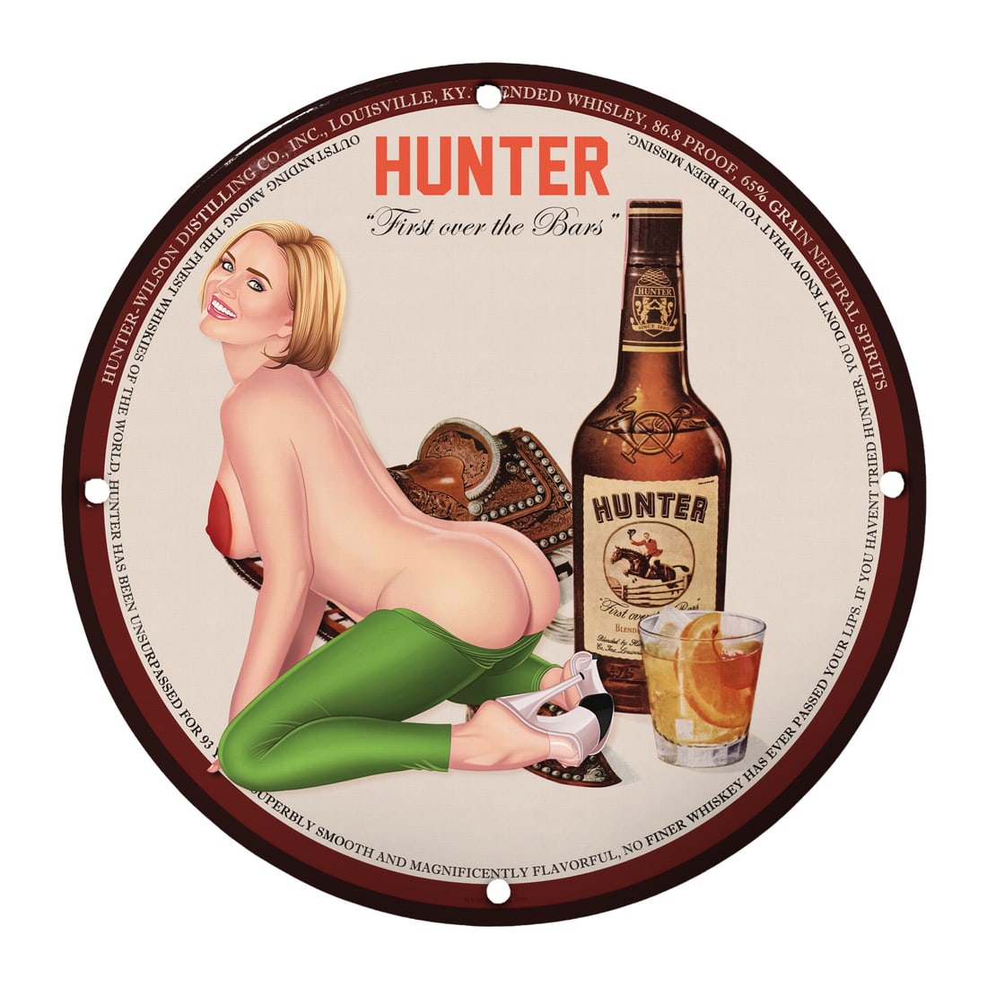 Vintage 12" Round Porcelain Pinup Girl Sign - Hunter Whiskey Art: Enhance your collection or decor with this stunning 12-inch round porcelain sign featuring a classic pinup girl design, centered around the theme of Hunter Whiskey. This eye-catching piece is perfect 