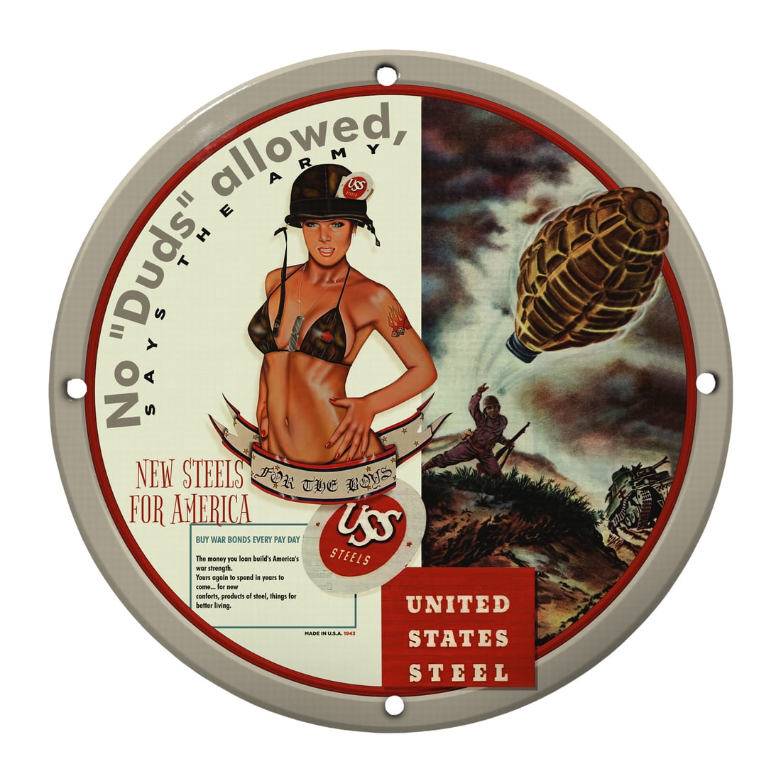 Vintage Pin-Up Girl Army Sign - No 'Duds' Allowed - Perfect for Collectors: This striking 12-inch round porcelain sign featuring a classic pin-up girl is a perfect blend of nostalgia and military prowess. The vibrant imagery and vintage feel make it a captivating wall piece t