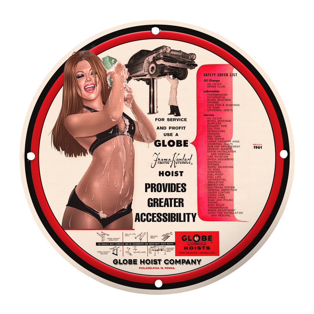 Vintage 12" Round Porcelain Pin-up Girl Sign - Globe Hoists Service & Profit (1 of 1)