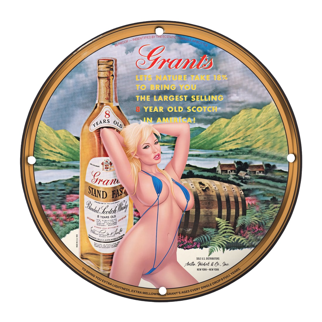 Vintage Grant's Scotch Whisky Pinup Girl Sign - 12" Round Porcelain Decor: Celebrate the retro charm with this stunning 12" round porcelain sign featuring a captivating pinup girl design promoting Grant's Scotch Whisky. This vibrant artwork, showcasing a stunning blonde beau