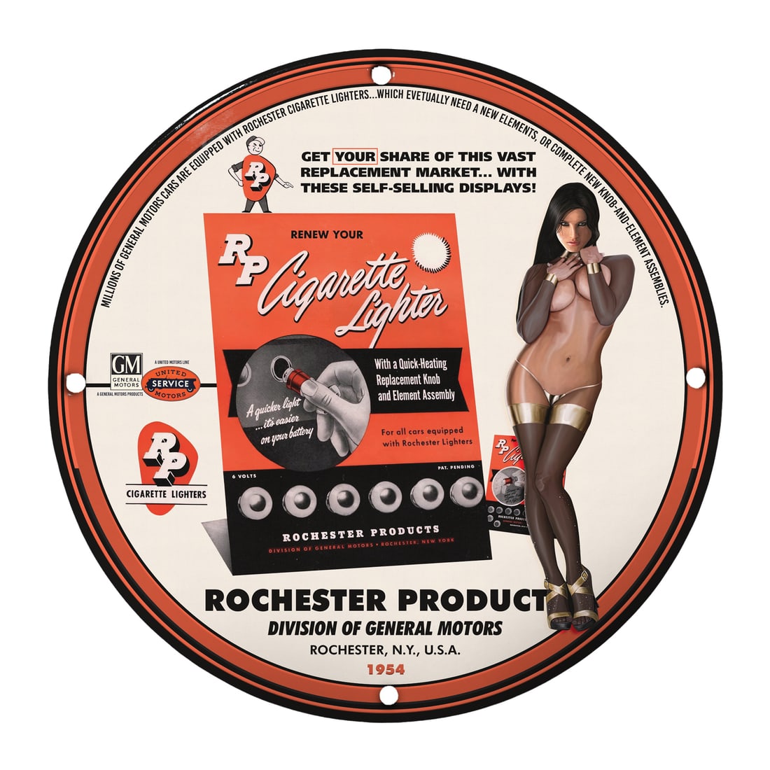 Vintage Pinup Girl Porcelain Sign - Rochester Products Cigarette Lighter Display: Discover the charm of mid-century Americana with this exquisite 12-inch round porcelain sign featuring a stunning pinup girl design. Originating from Rochester Products, a division of General Motors, 