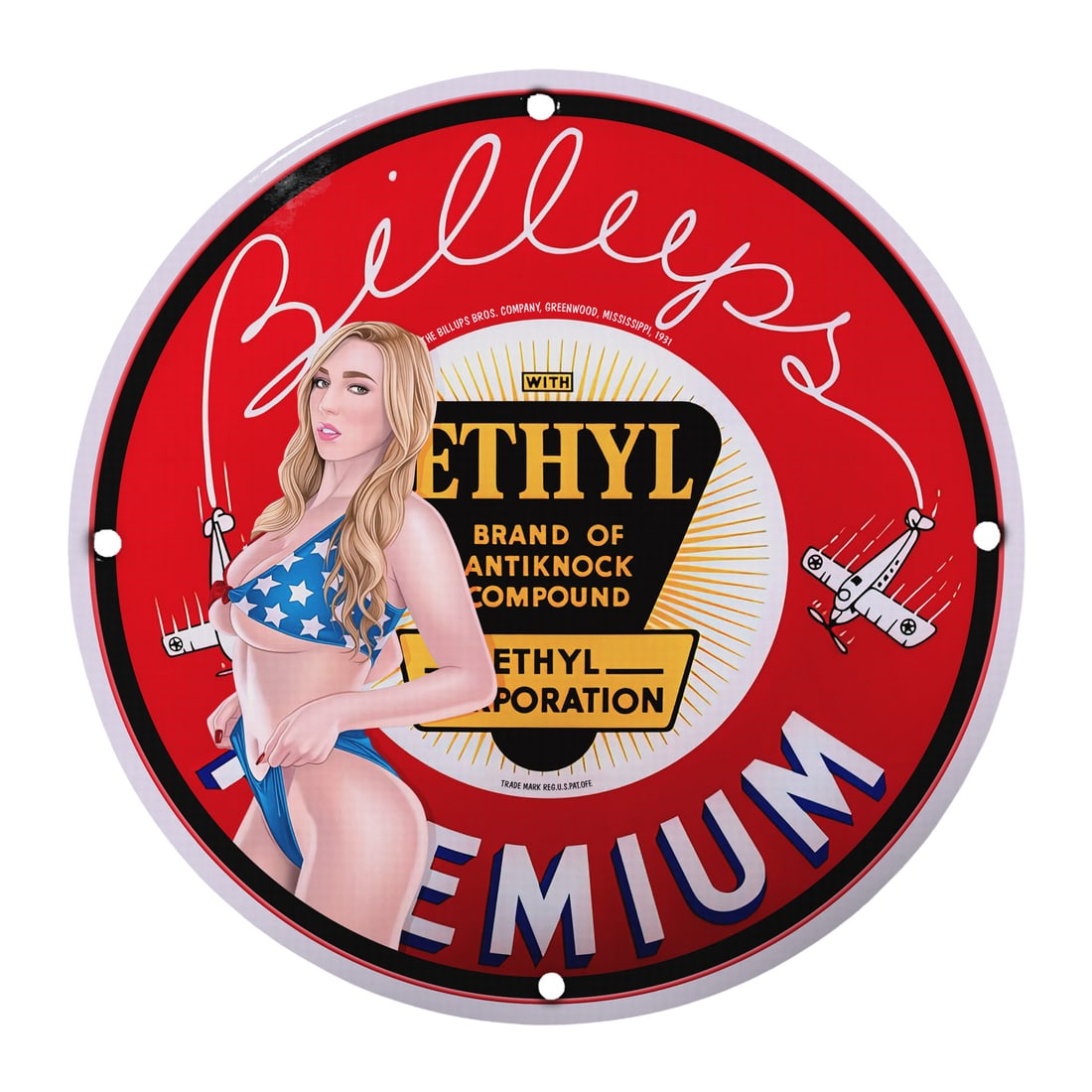 Vintage Ethyl Pinup Girl 12-Inch Porcelain Sign - Classic Americana Decor: Discover the charm of Americana with this striking 12-inch round porcelain sign featuring a captivating pinup girl, perfect for collectors and enthusiasts alike. Crafted with precision, this vintage-s