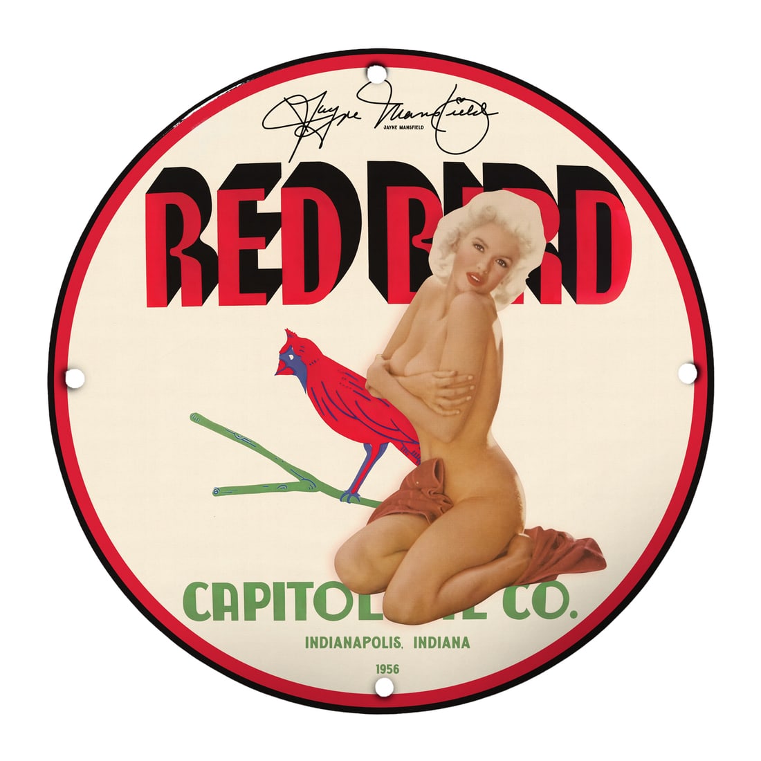 Captivating Red Bird Porcelain Pin-Up Girl Sign - Classic Vintage Decor: Discover the nostalgic charm of this exquisite 12-inch round porcelain model sign showcasing a stunning pin-up girl, inspired by the glamorous era of mid-20th century American culture. This unique pie