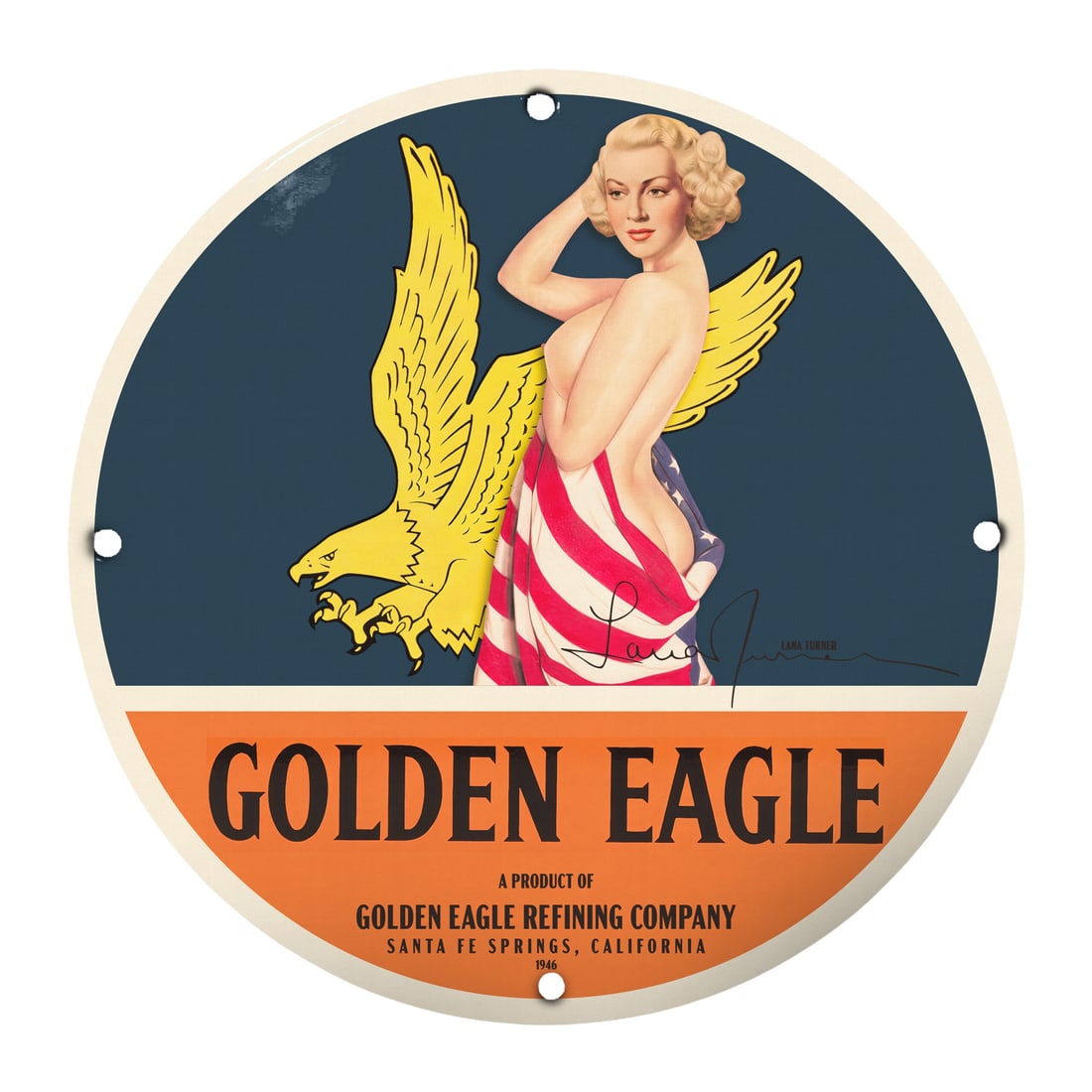 Vintage 12" Golden Eagle Pinup Girl Porcelain Sign - Classic Americana Decor: Discover a stunning 12-inch round porcelain sign featuring a captivating pinup girl design, a true celebration of classic Americana. This unique piece showcases exquisite artwork of a glamorous blonde