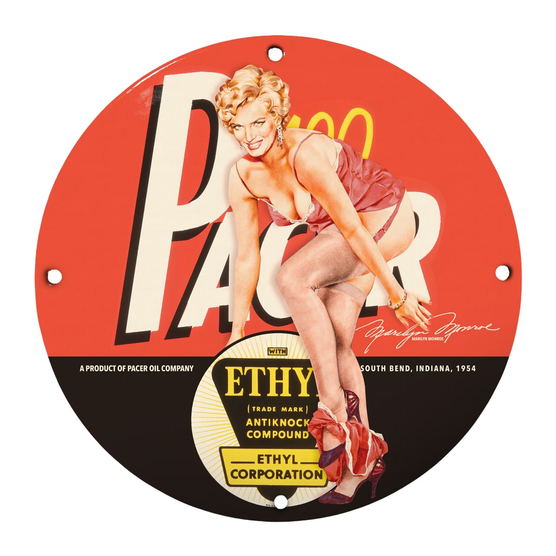 Vintage 12" Porcelain Pin-Up Girl Sign - Iconic Pacer Oil Company Art: Elevate your space with this stunning 12-inch round porcelain sign featuring the captivating pin-up girl artwork associated with the famed Pacer Oil Company. This piece embodies the alluring charm and