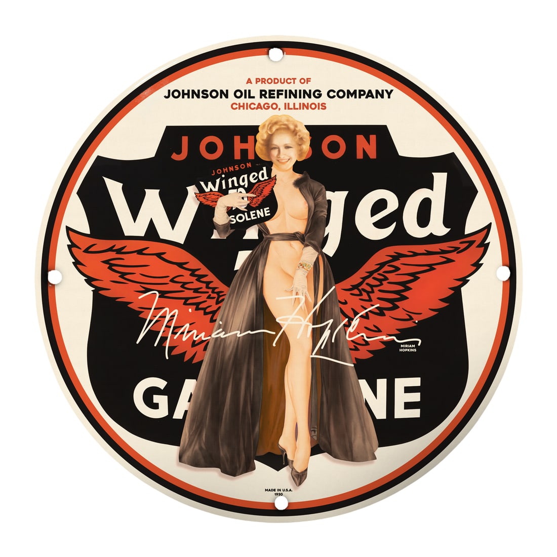 Vintage Pin-Up Girl Porcelain Sign - Johnson Winged Solene Gasoline: Step into the alluring world of vintage Americana with this striking 12-inch round porcelain sign featuring the captivating pin-up girl advertising Johnson Oil Refining Company?s Winged Solene gasolin