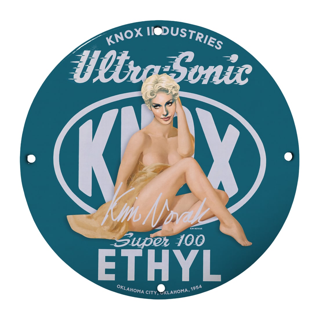 Vintage 12" Pinup Girl Porcelain Sign - Knox Industries Ethyl Fuel - Retro Wall Art: Explore the charm of the mid-20th century with this stunning 12-inch round porcelain sign featuring a classic pinup girl design from Knox Industries. This collectible piece artfully combines nostalgia