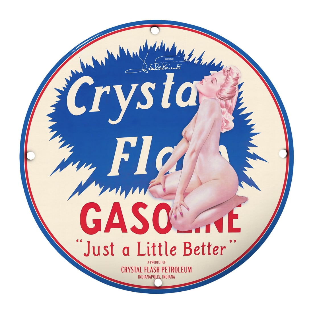 Vintage Crystal Flash Gasoline Pinup Girl Sign ? Classic 12" Porcelain Decor: Looking for a standout piece to enhance your vintage aesthetic? This stunning 12-inch round porcelain pinup girl model sign features the iconic design of the Crystal Flash Gasoline advertisement. A ma