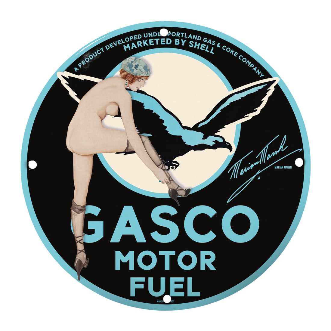Vintage Gasco Motor Fuel Pinup Girl Porcelain Sign - 12" Round (1 of 1)