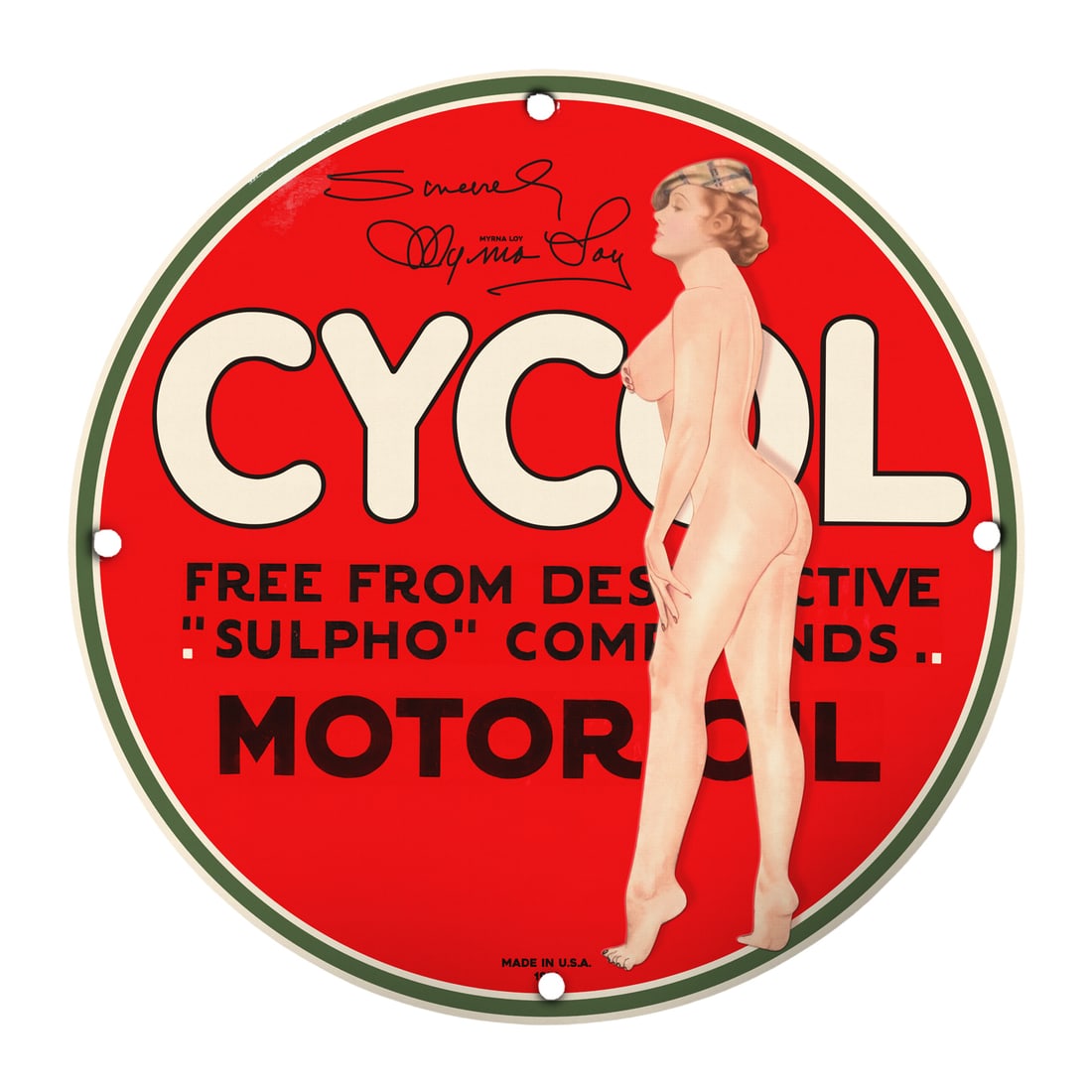 Vintage CYCOL Motor Oil Pinup Girl Sign - Classic Porcelain Art Decor: Introducing a stunning piece of nostalgic Americana: the Vintage CYCOL Motor Oil Pinup Girl Sign. Crafted from durable porcelain, this 12-inch round sign is adorned with a classic pinup girl design, r