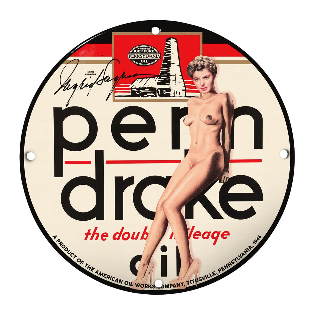 Vintage Penn Drake Oil 12-Inch Pinup Girl Porcelain Sign - Collector's Item: Discover this stunning 12-inch round porcelain sign featuring an alluring pinup girl design that pays homage to the iconic aesthetic of mid-20th century advertising. This particular sign is a testamen