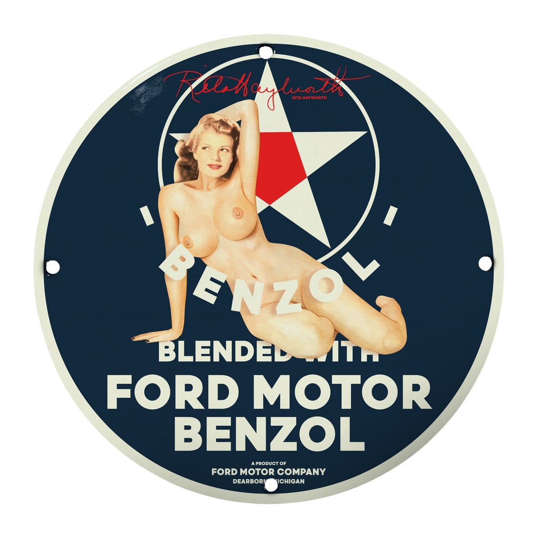 Vintage Ford Benzol Pinup Girl Porcelain Sign - 12" Round Collectible Art: Elevate your space with this stunning 12-inch round porcelain sign featuring a classic pinup girl design, blended with iconic Ford Benzol branding. Perfect for collectors and enthusiasts, this sign co
