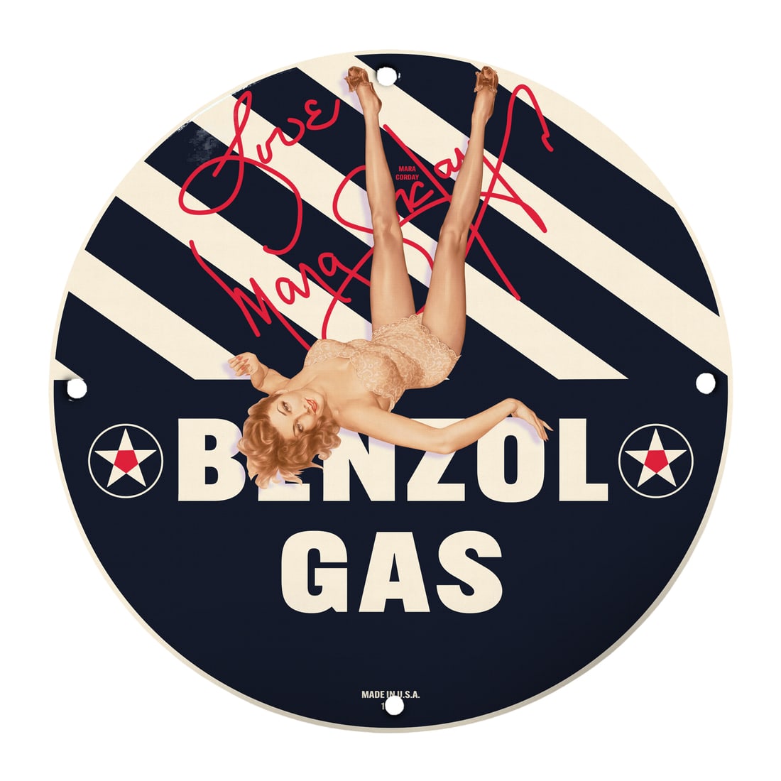 Vintage 12" Round Benzol Gas Pin-Up Girl Porcelain Sign - Classic Americana Nostalgia: Elevate your home decor or collectible display with this stunning 12-inch round porcelain sign featuring a classic pin-up girl design that masterfully merges vintage artistry with Americana nostalgia.