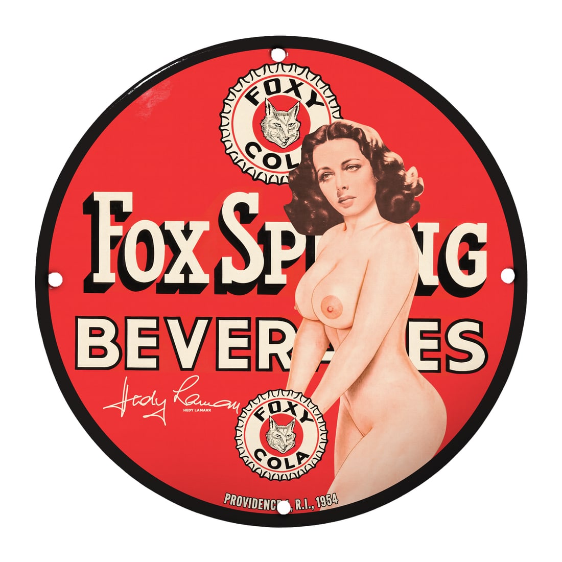 Vintage Pinup Girl Porcelain Sign - Fox Spring Beverages, 12" Round: This stunning 12-inch round porcelain sign featuring a vintage pinup girl is a must-have for any retro collection. The sign showcases a classic design, perfect for adding a splash of nostalgia to your