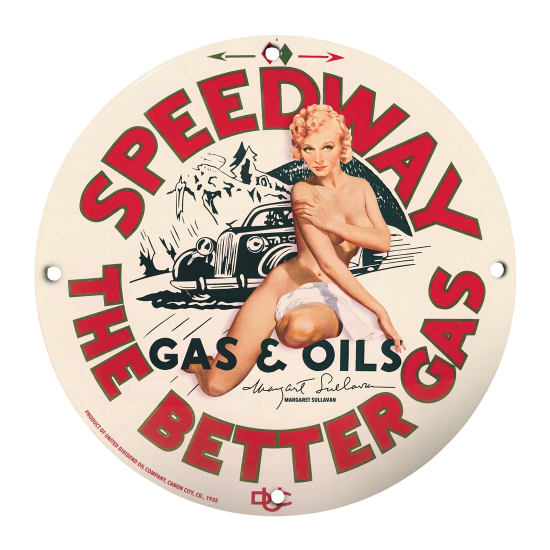 Vintage Speedway Gas & Oils Pinup Girl Porcelain Sign ? Classic Automotive D?cor: Introducing a mesmerizing piece of vintage automotive art: the 12-inch round porcelain pinup girl model sign featuring the captivating 'Speedway Gas & Oils.' This stunning sign perfectly embodies the 